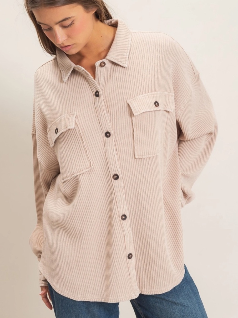 Zenana Oversized Corduroy Button-Up Jacket - Cream